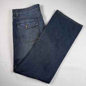 Perry Ellis Premium Denim Mens 34x32 Blue Straight Distressed Flap Pocket Jeans